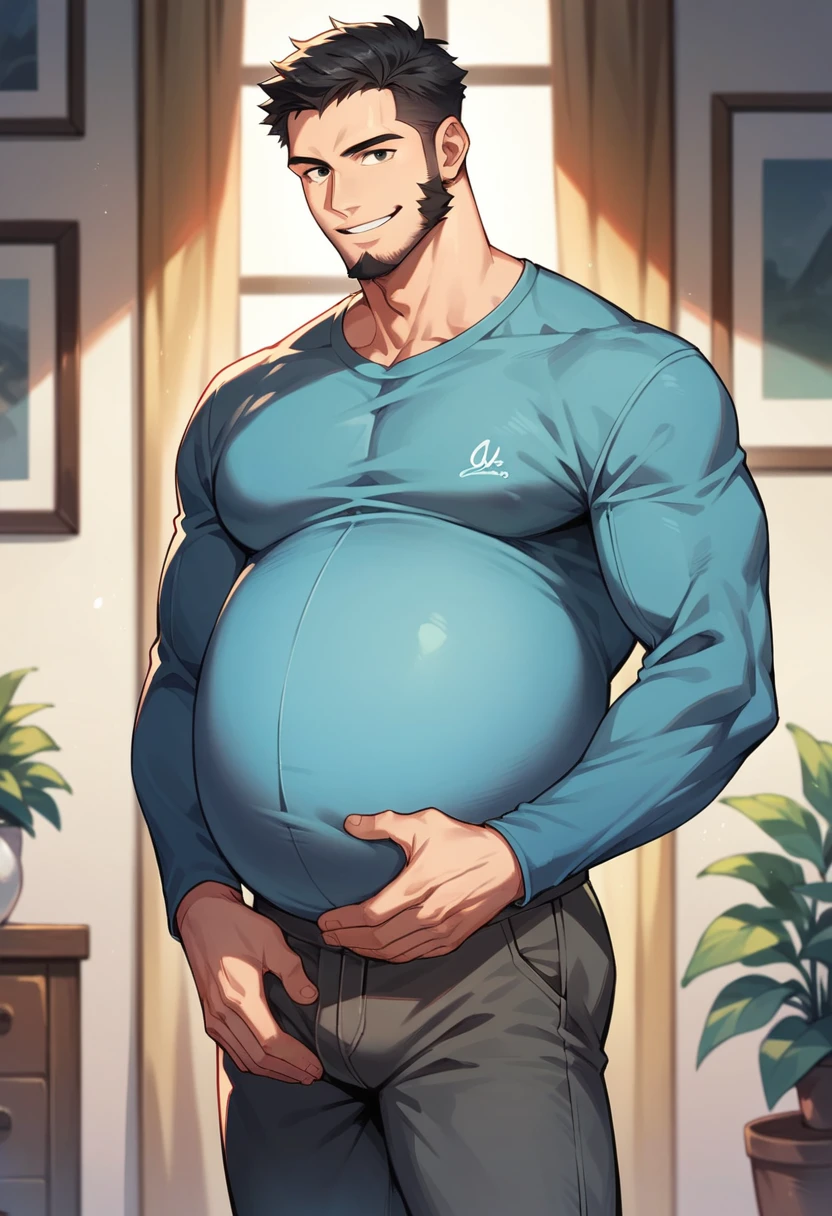 score_9, score_8_up, score_7_up, score_6_up, 1boy, straight hair, short hair, black hair, black eyes, beard, muscular, shirt, long sleeves, pants, indoors, standing, looking at viewer, smile