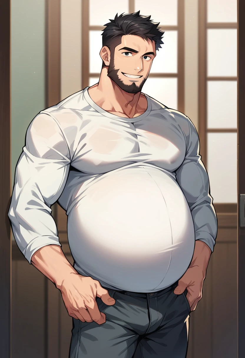 score_9, score_8_up, score_7_up, score_6_up, 1boy, straight hair, short hair, black hair, black eyes, beard, muscular, shirt, long sleeves, pants, indoors, standing, looking at viewer, smile