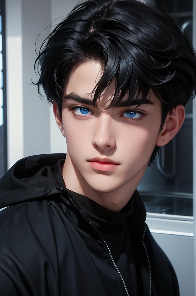 A boy wearing a , black hair with bangs and blue eyes very cute and handsome 