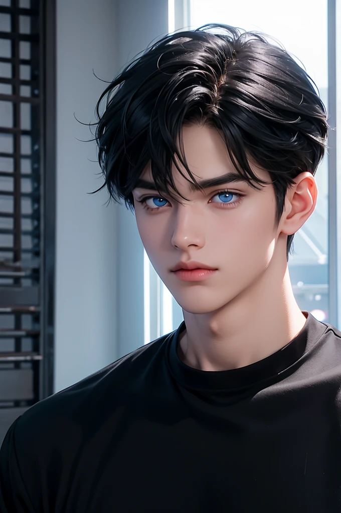 A boy wearing a , black hair with bangs and blue eyes very cute and handsome