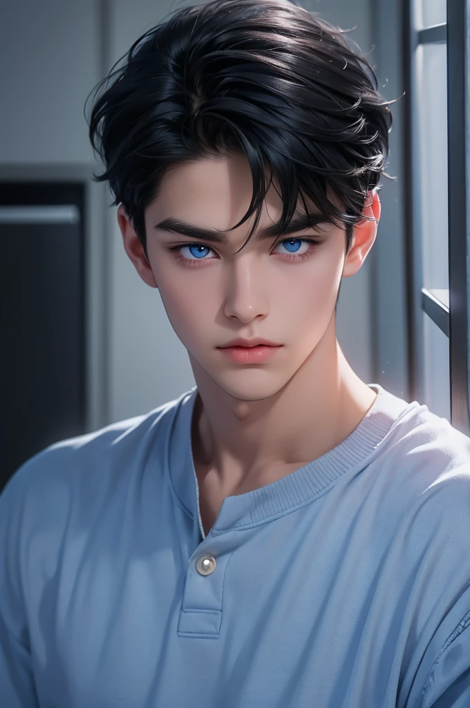 A boy wearing a , black hair with bangs and blue eyes very cute and handsome