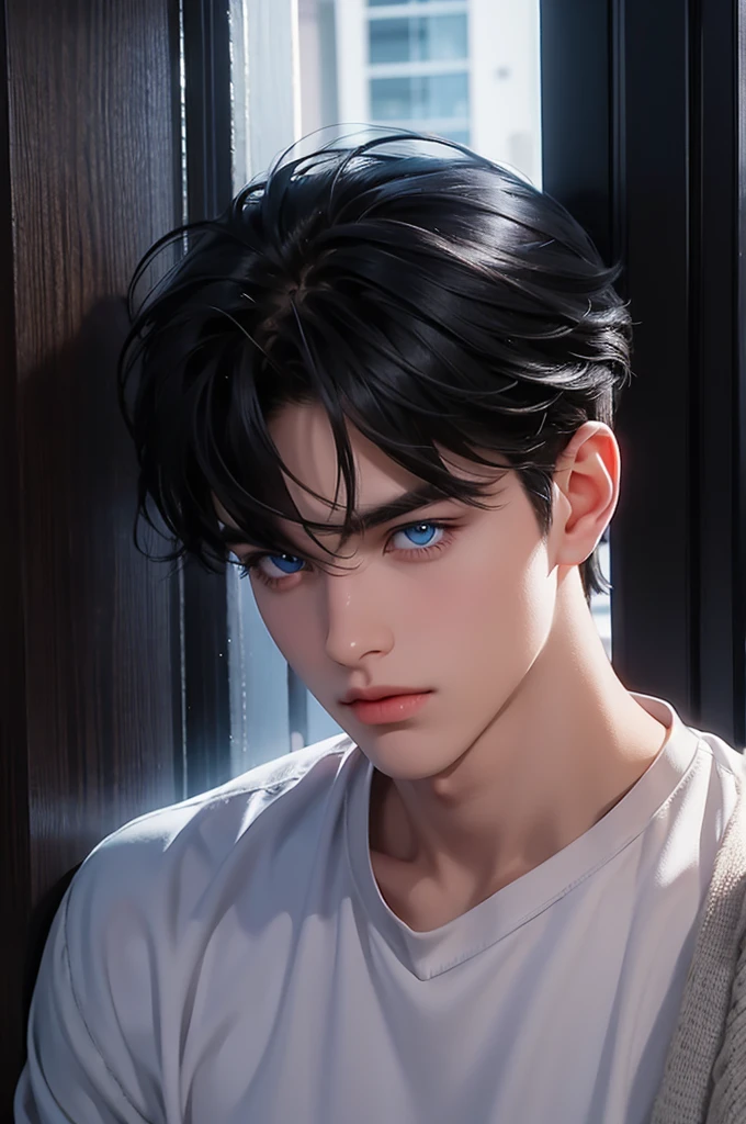 A boy wearing a , black hair with bangs and blue eyes very cute and handsome
