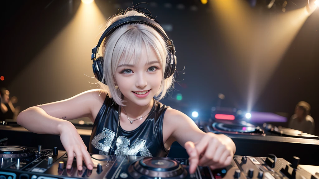 (ultra - detailed, 16K resolution, Cinema lenses, rendering by octane), (high resolution:1.18), intricate detail, (masterpiece:1.1), (highest quality:1.1), (1girl, portrait, white hair, blue eyes, short hair, detailed eyes),Wearing silver DJ headphones, Shiny silver sequined T-shirt, (Iconic hip-hop pop costumes:1.3), Smile while DJing on stage, full body shot of, The spotlight shines on the female DJ. Photorealistic photography by Disco Lighting, (cute round face:1.3), perfect fingers, five fingers, beautiful hands, perfect hands. master peace, cute smile.