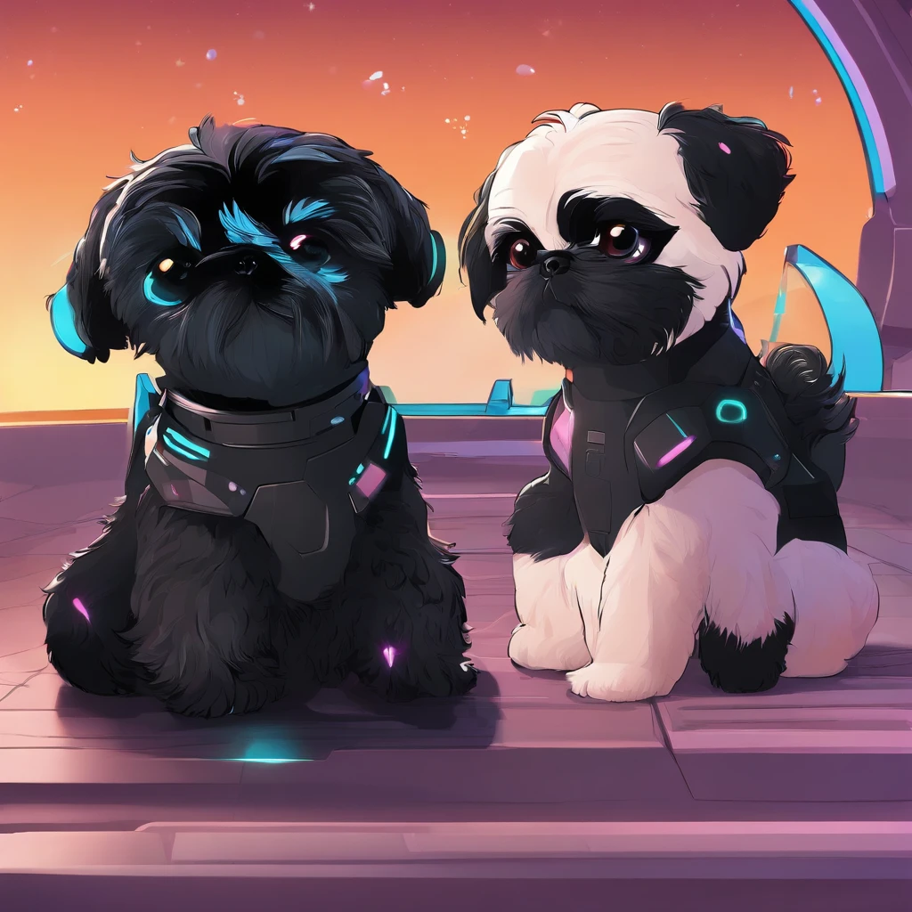 2 Adorable small black Shih Tzu puppies Pixar 3D cartoon
