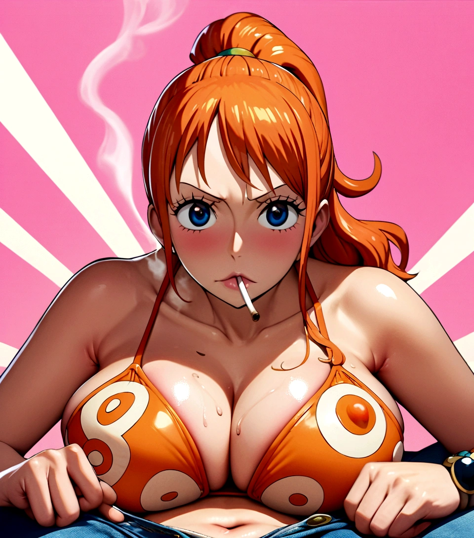 a cartoon picture of a woman in a bikini top and jeans, nami one piece, nami from one piece, nami, beautiful portrait of nami, from one piece, oppai, blue eyes, smoking, ponytail, nsfw