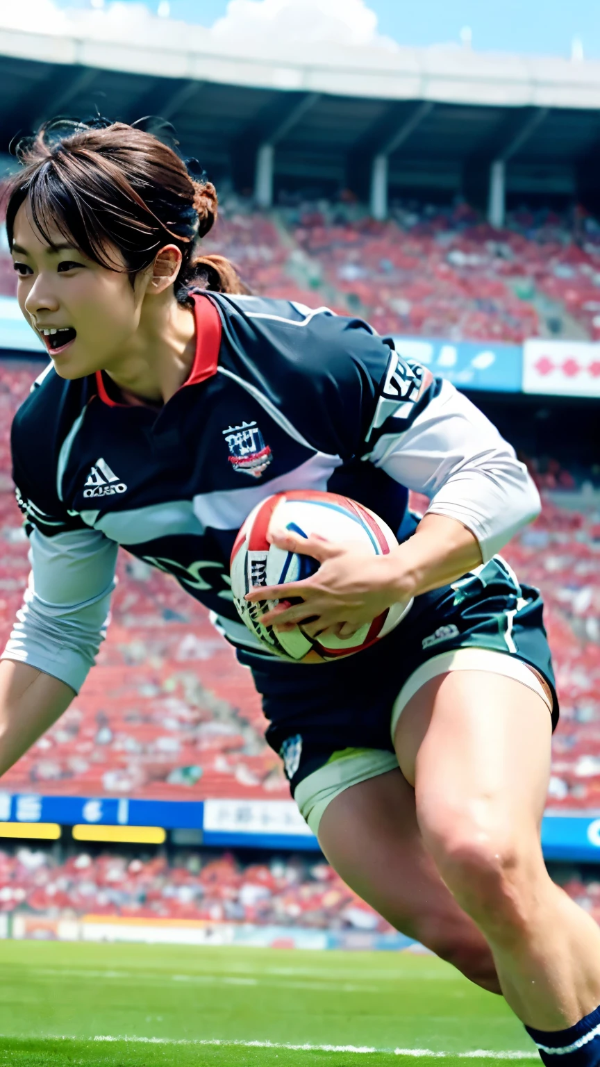 (((With perfect anatomy, we carefully draw perfect limbs with no excess or deficiency, taking into account the direction in which the joints bend.))),The grandstands were filled with spectators,(((A beautiful rugby player with outstanding style is running seriously with wrinkled eyebrows on the field of a large rugby stadium filled with spectators))),(((The uniform, consisting of a long-sleeved collared rugby shirt with a large number on the back and running spats,々Shii,Wearing spikes))),(((Capture the powerful moment of sprinting with a rugby ball in a full-body snapshot))),Speed,Speed,Capture the essence of movement in a powerful moment,((A beautiful rugby player wearing a green uniform with white horizontal stripes and a thick headband looks ahead)), Fight off the enemies who try to stop her,((眉間にしわを寄せながらラグビーボールを持ってゴールラインに向かって走る動きの本質を捉えた側面からの4K動body撮影)),Rushing forward like a rabbit,All in one,(Skin Dentition:1.5),Realistic and realistic,(masterpiece:1.5),Sports concept art,Intricate details,Highly detailed and realistic,Octane Rendering,4K,Sports Real Engine,Dynamic pose, Highest quality,High resolution,(Realistic Face:1.1),(Surreal:1.1), ((full_body)),((Expressing the dynamism that emanates from the whole body)),(((A slim, muscular man with a slim waist and a coke bottle-like body))),(4K full body shot from behind),(Shiny skin:1.2),(((Hairstyle))),(((Perfect hands))),(Highly detailed background),((手入れされた美Shii天然芝が張られた良く晴れたダイナミックなフィールドに観客で一杯のスタジアムの背景)),((Beauty condensed in 1girl)),((光を蓄えた美Shii瞳)),(Shiho wearing a necklace),(((滴る大量の汗が眩Shii))),(Ponytail flutters in the wind),casting ,((Dramatic beauty)),披写界深度の深い美Shiiボケ,4K,Gothic,4K Digital SLR Camera,Film grain effect,Fujifilm XT3 style,(Saiharu Body),(Delicate eyes and face),Professional Perspective,素晴らShiiディテール,Beauty condensed in 1girl,繊細でHigh noseを持つ美Shii顔,High nose, Clear sky-blue eyes that glorify the light, Glossy red lips, light makeup,