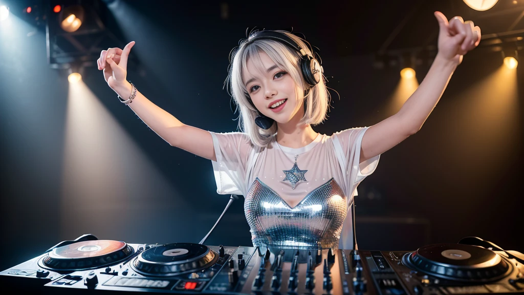 (ultra - detailed, 16K resolution, Cinema lenses, rendering by octane), (high resolution:1.18), intricate detail, (masterpiece:1.1), (highest quality:1.1), (1girl, portrait, white hair, blue eyes, short hair, detailed eyes),Wearing silver DJ headphones, Shiny silver sequined T-shirt, (Iconic hip-hop pop costumes:1.3), Smile while DJing on stage, full body shot of, The spotlight shines on the female DJ. Photorealistic photography by Disco Lighting, (cute round face:1.3), perfect fingers, five fingers, beautiful hands, perfect hands. master peace, cute smile.