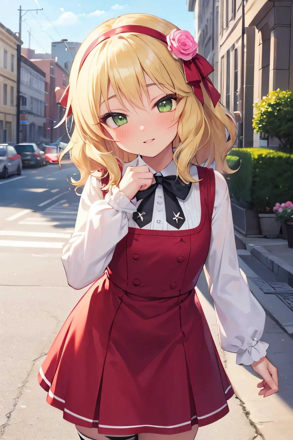 masterpiece,best quality, ultra-detailed,1girl(sakurai momoka, lovely small breasts, wavy hair,blonde hair, headband, pink flower in hair,green eyes), a bright face,  light smile, parted lips, nose blush, blush, facing viewer , looking at viewer, head tilt, solo, red dress,long sleeves,striped thighhighs, outdoor,  street, standing, a cute pose 