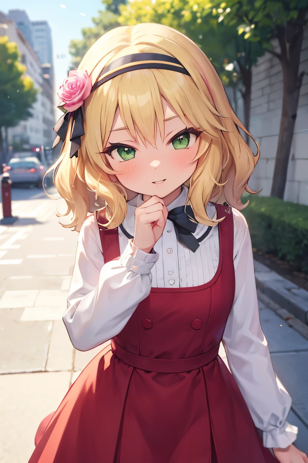 masterpiece,best quality, ultra-detailed,1girl(sakurai momoka, lovely small breasts, wavy hair,blonde hair, headband, pink flower in hair,green eyes), a bright face,  light smile, parted lips, nose blush, blush, facing viewer , looking at viewer, head tilt, solo, red dress,long sleeves,striped thighhighs, outdoor,  street, standing, a cute pose 