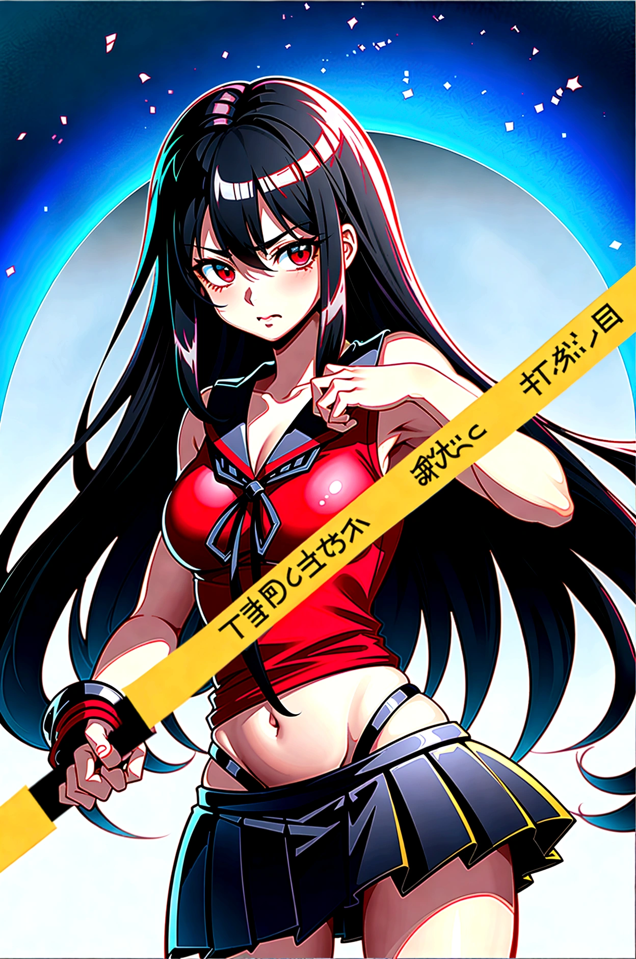 a woman with long black hair and a red shirt holding a sword, gapmoe yandere grimdark, female action anime girl, gapmoe yandere, attractive matoi ryuko, badass anime 8 k, yandere. tall, ryuko matoi, demon anime girl, yandere, katana zero, portrait gapmoe yandere grimdark, gothic maiden anime girl