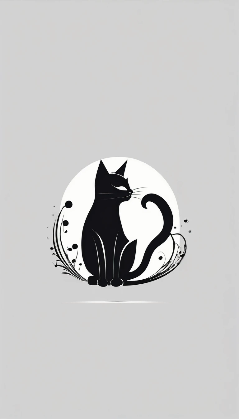 A minimalist, fantastic, poetic, dreamy, captivating, memorable, masterpiece, modern, simple logo design of a black cat for the brand. The logo must convey a sense of music, stories and dreams. Minimalistic logo design of a boy and a feather.