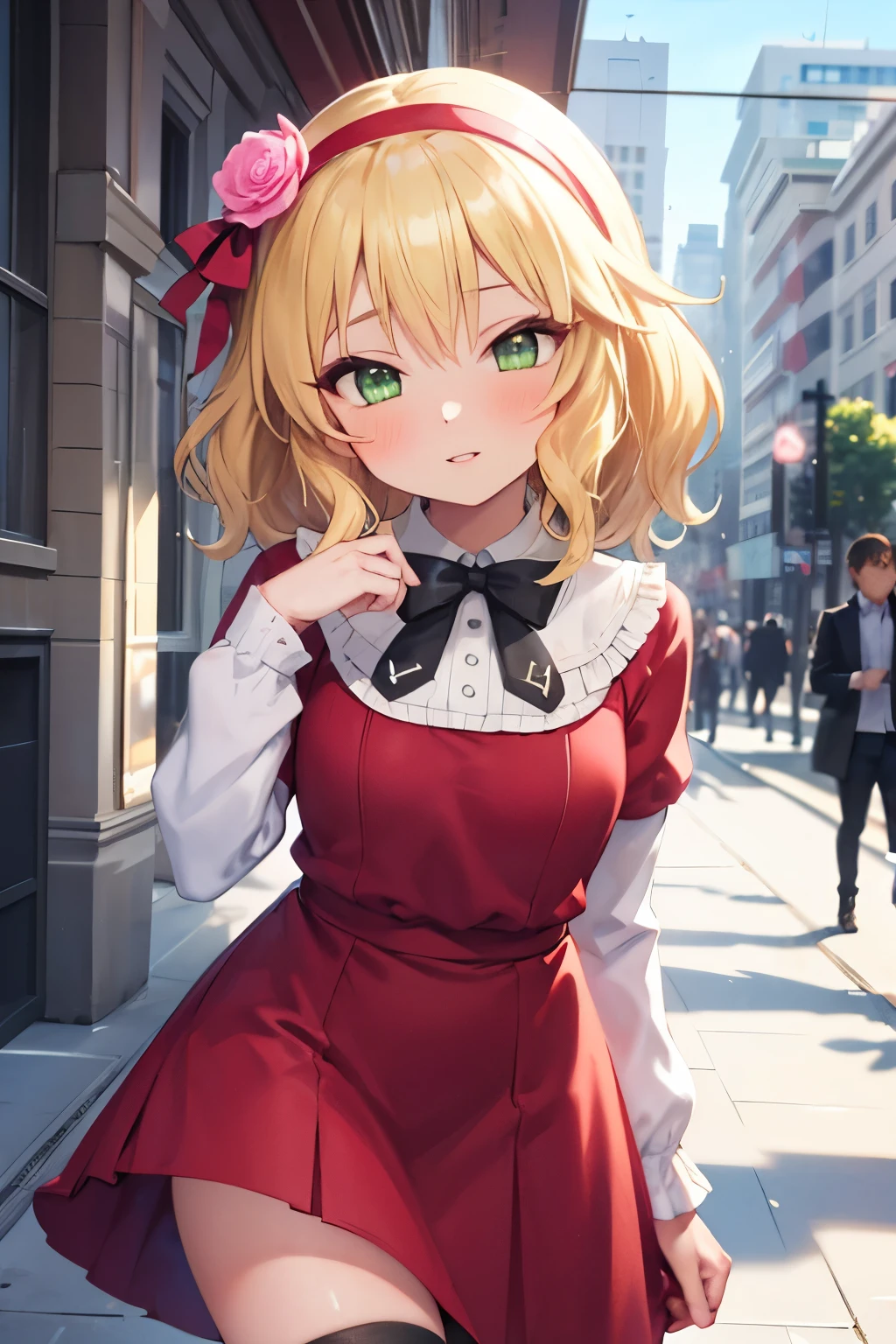 masterpiece,best quality, ultra-detailed,1girl(sakurai momoka, lovely small breasts, wavy hair,blonde hair, headband, pink flower in hair,green eyes), a bright face,  light smile, parted lips, nose blush, blush, facing viewer , looking at viewer, head tilt, solo, red dress,long sleeves,striped thighhighs, outdoor,  street, walk, elegant walking 