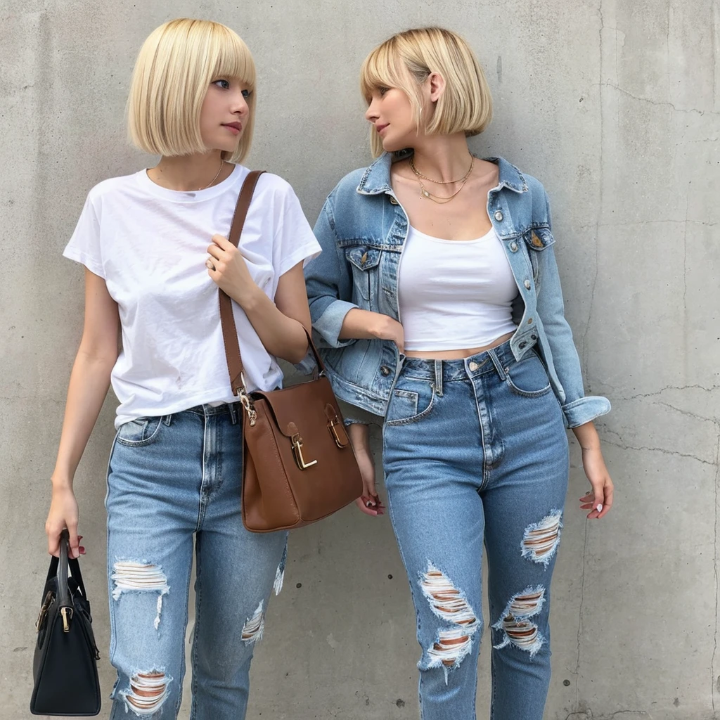 nsfw blonde bob cut white t-shirt distressed jeans shoulder bag japanese