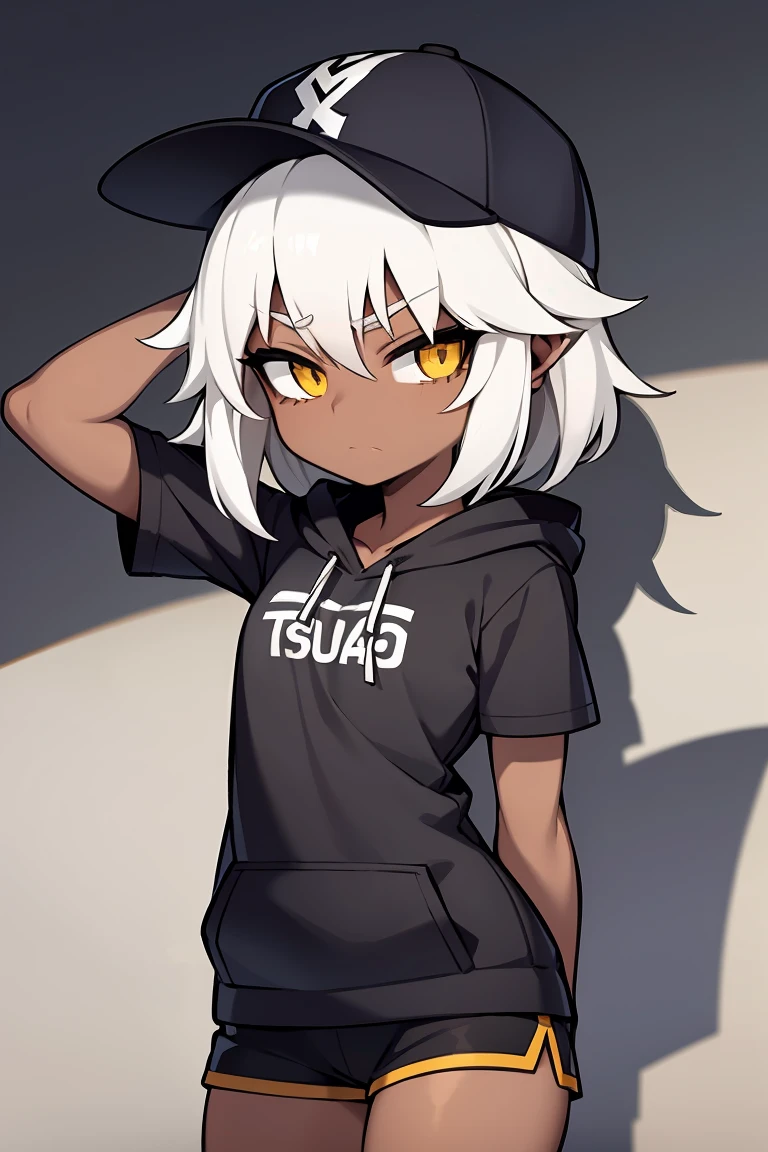 tsunako, 1girl, tomboy, hat, pixie cut, dark skin female, flat chest, shirt, hoodie, shorts, white hair, yellow eyes