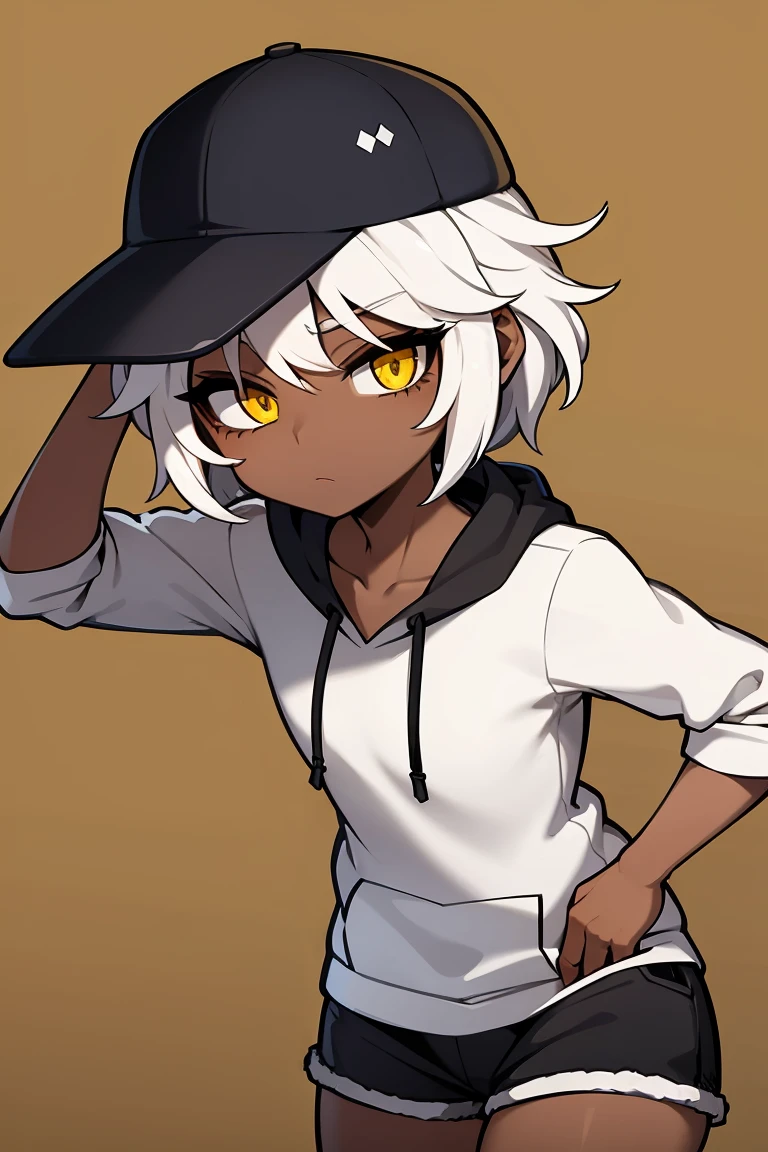 tsunako, 1girl, tomboy, hat, pixie cut, dark skin female, flat chest, shirt, hoodie, shorts, white hair, yellow eyes