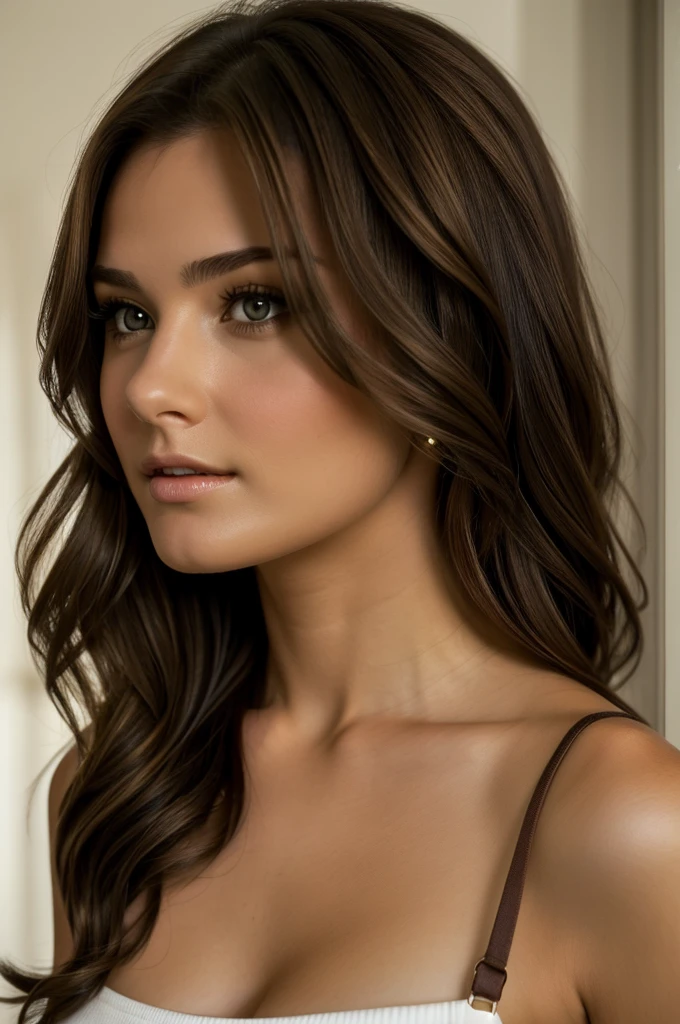 Beautiful young woman with brown hair from the front hyperrealistic cinematic beautiful pretty neckline casual clothing 