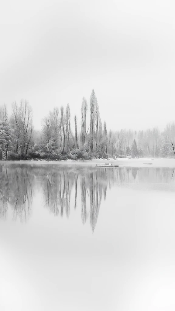 Aerial view of the lake,Trees and benches in the foreground, White isolate, Gentle reflections, Colorless and Soundless, Soft colors monochrome, White isolates, Cold fog, Winter lake scenery, Frozen Lake, inspired by Arthur Burdett Frost, Soft Mist, Reflective images, peaceful, Grayscale photography, Soft water reflections
