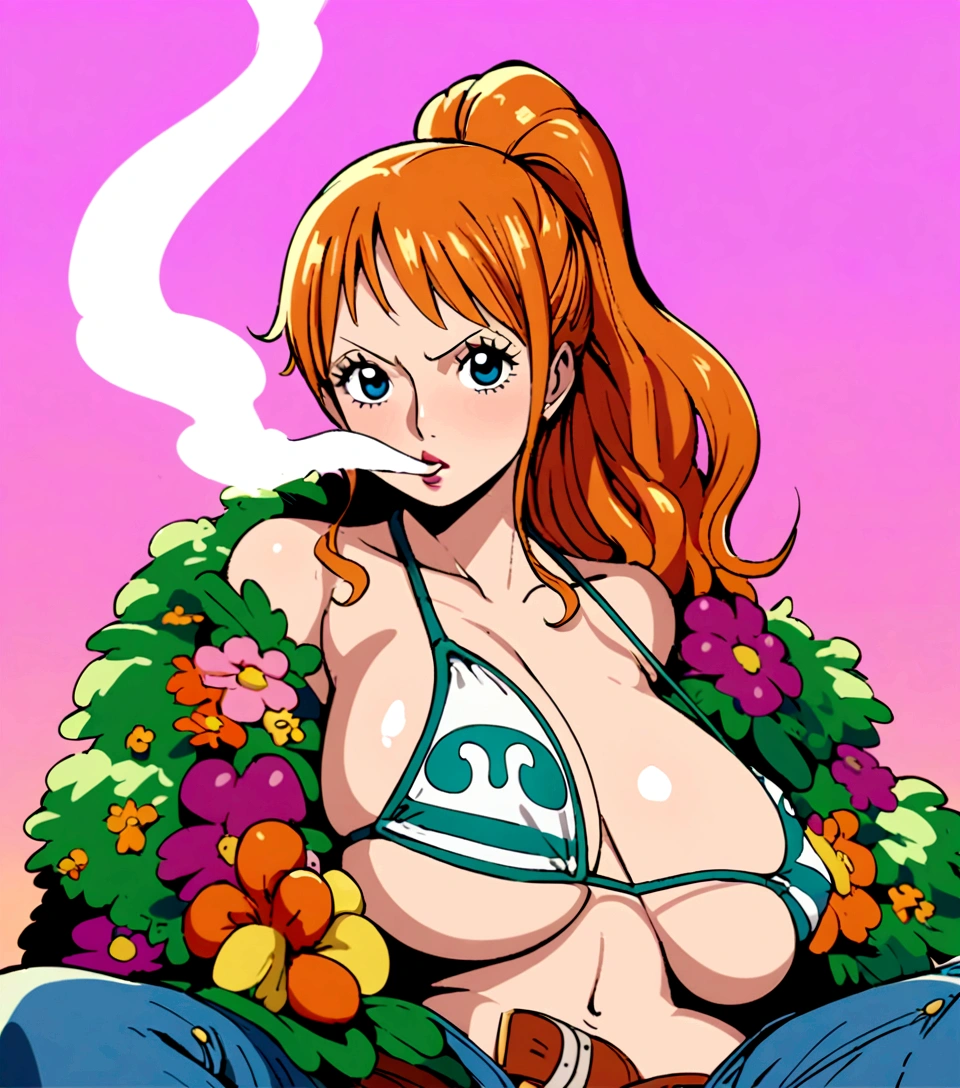 a cartoon picture of a woman in a bikini top and jeans, nami one piece, nami from one piece, nami, beautiful portrait of nami, from one piece, oppai, blue eyes, smoking, ponytail, nsfw