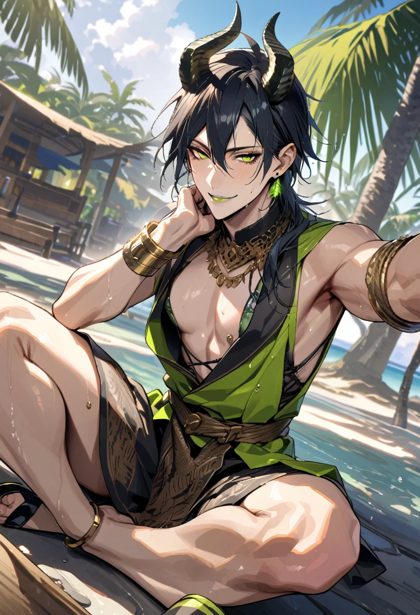masterpiece, highres, absurdres, illustration, ((masterpiece:1.4, best quality)), (Ultra detailed background), 1boy, handsome man, highly detailed beautiful face and eyes, beautiful eyes, (sharp detail:1.3), shiny, earrings, bracelet, (wet bikini:1.3), Bari, Cebu Island, plumeria, near the beach, 1boy, sitting on floor, dynamic angle, malleus draconia (twisted wonderland) horns, bishounen, boy, male, yana Toboso style, long hair, black hair, yellow green eyes, smile, gray lips, handsome, skinny, tall, yellow green glow,AddXL