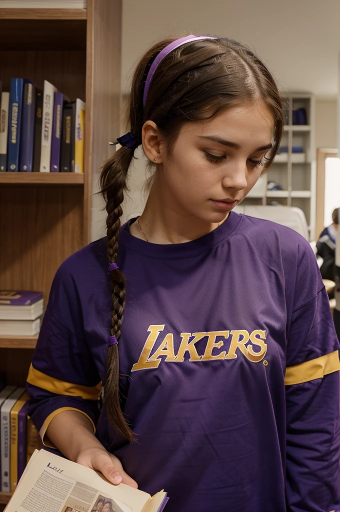 The girl wears a Lakers 24 shirt, her hair is in two brown pigtails and there is a book on her head