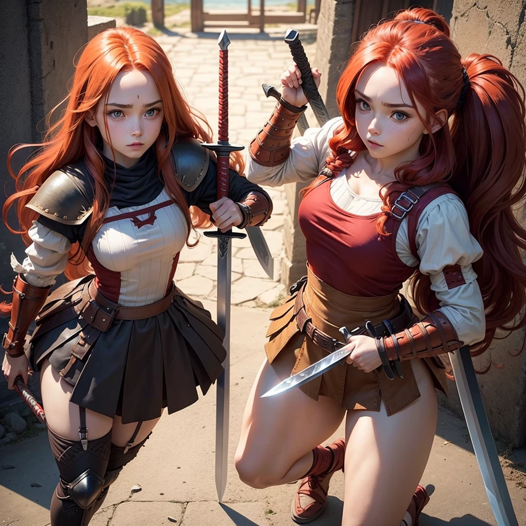 Twins long reddish hair tied up small build full body warrior costume with sword and shield