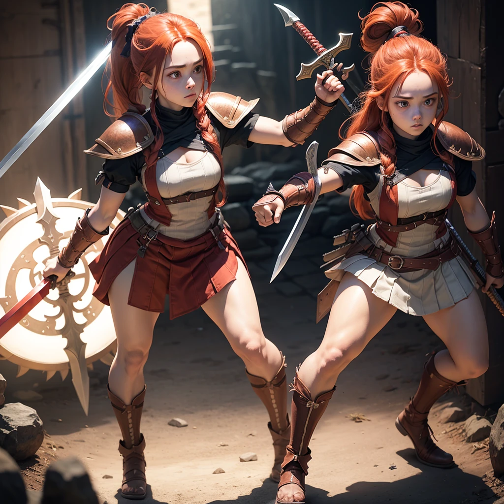Twins long reddish hair tied up small build full body warrior costume with sword and shield