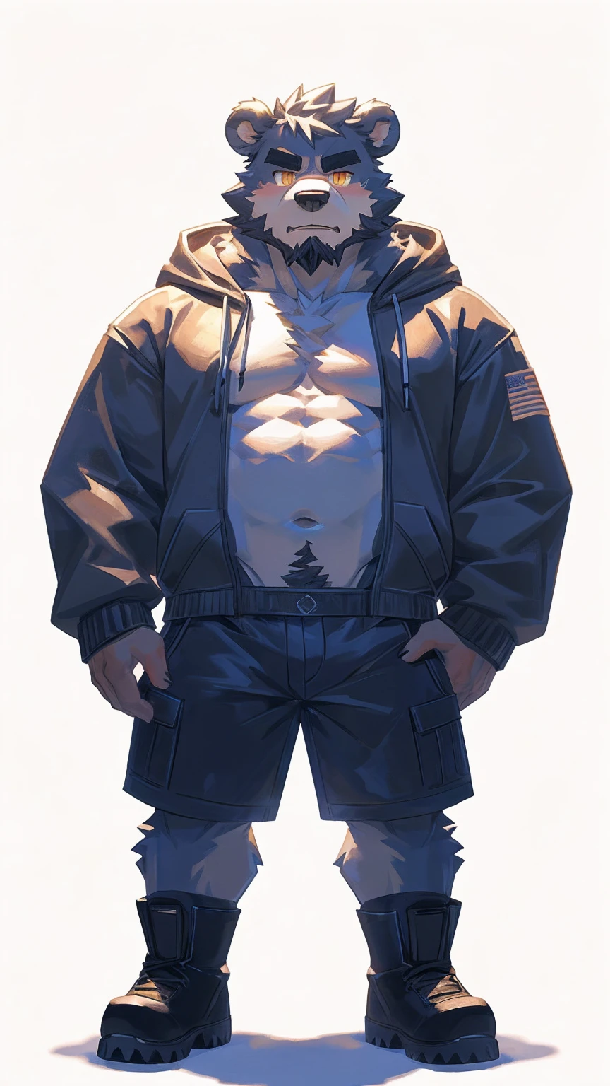 (masterpiece:1.2), best quality,pixiv,official art,perfect anatomy, (Ray tracing, light),solo, (1_male:1.3) , (muscle), (gray fur:1.4), (muscle bear), (beard:1.2), (gleaming golden eyes), Thick black eyebrows, (open hoodie:1.3), (naked inside:1.2), cargo shorts, boots, standing alone, unhappy , (pure white background with a big hourglass :1.3) , less background , front view