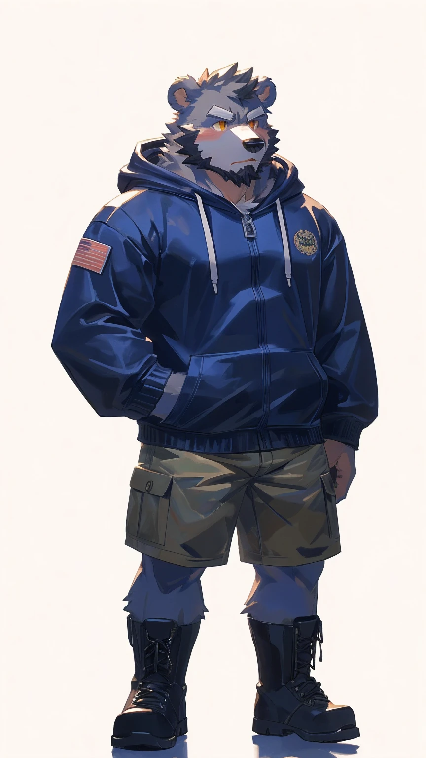 (masterpiece:1.2), best quality,pixiv,official art,perfect anatomy, (Ray tracing, light),solo, (1_male:1.3) , (muscle), (gray fur:1.4), (muscle bear), (beard:1.2), (gleaming golden eyes), Thick black eyebrows, (open hoodie:1.3), (naked inside:1.2), cargo shorts, boots, standing alone, unhappy , (pure white background with a big hourglass :1.3) , less background , front view