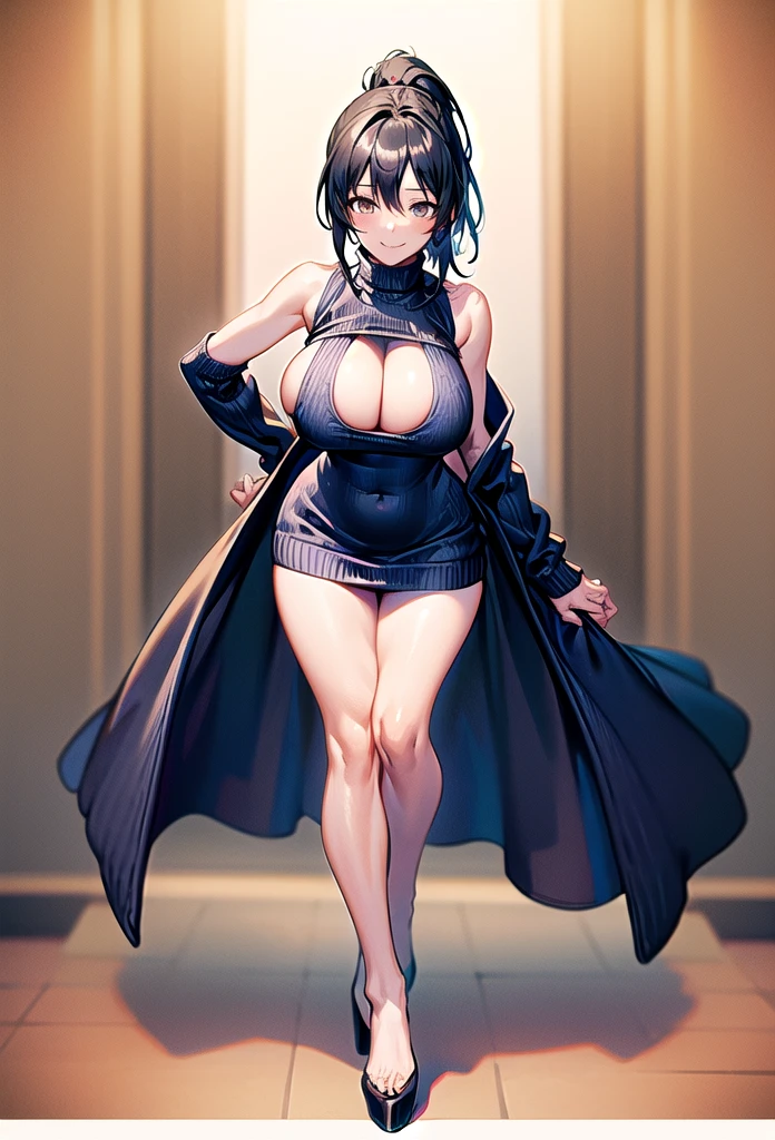 masterpiece, Highest quality, One girl, short ponytail、black hair、virgin killer sweater, (sweater dress:1.2), ribbed sweater,sideboob,cleavage cutout, turtleneck sweater,(broen sweater:1.3),(crop top navel:0.8)、sleeveless,gentle smile、full body,from front,huge breasts,leaning forward