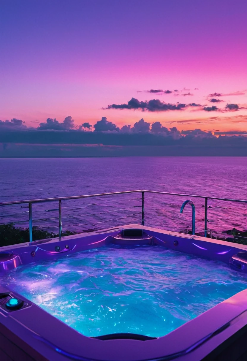 a close up of a hot tub with a sky view in the background, neon jacuzzi, glowing aesthetic, vaporwave lighting style, dreampool rooms, vaporwave mansion, vaporwave lights, vaporwave lighting, vaporwave ocean, 8 k sensual lighting, makes the sea area glowing water, vaporwave aesthetics, vaporwave surreal ocean, synthwave aesthetic, glowing liquid