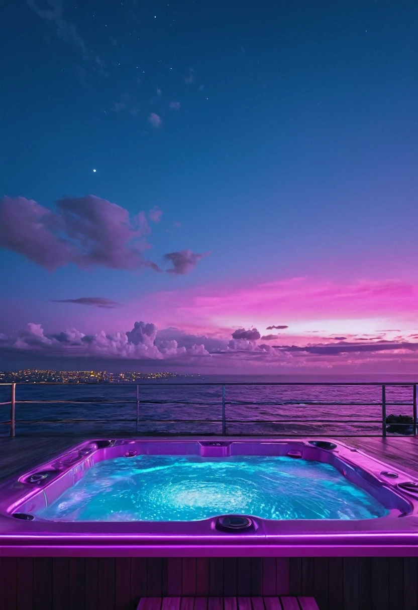 a close up of a hot tub with a sky view in the background, neon jacuzzi, glowing aesthetic, vaporwave lighting style, dreampool rooms, vaporwave mansion, vaporwave lights, vaporwave lighting, vaporwave ocean, 8 k sensual lighting, makes the sea area glowing water, vaporwave aesthetics, vaporwave surreal ocean, synthwave aesthetic, glowing liquid