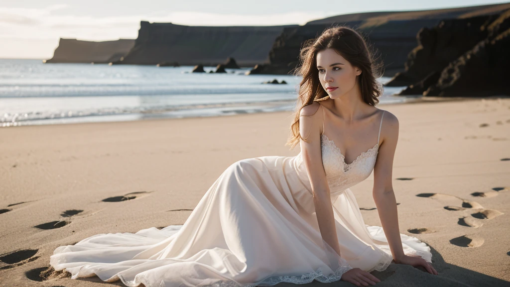 an icelandic woman with beautiful Delicate eyes, Beautiful and delicate lips, Extremely detailed face and skin, Pale skin, 23 years old,Wearing a beautiful wedding dress, medium long shot, Sitting on the beach by the sea, beautiful, natural posture,Beautiful light and shadow,panoramic view, (long legs), (full body portrait). Beautiful photography,Long eyelashes, Good anatomy , Practical skin texture, Delicate eyes, professional, 4K, Wide-angle lens, Optical Depth of Field, Kodak Vision Color, Perfectly proportioned body, Extremely detailed, ultra-photoPractical, Practical, Post-Processing, Maximum details, Roughness, real life, ultra -Practical, Photorealism, photography, 8K Ultra HD, photography