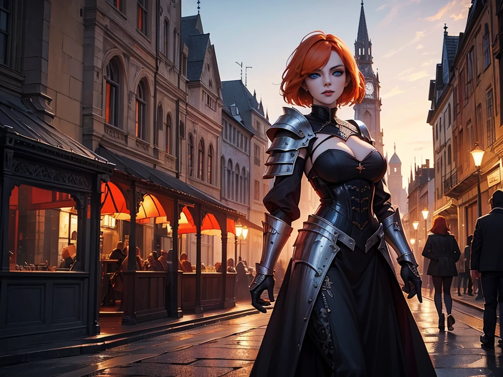 A beautiful and wonderful vampire woman, extremely detailed, short orange hair, wearing extremely detailed gothic armor, blue eyes in medieval public square, palace, crepúsculo, 8k, linda, sacerdotisa, crepúsculo, entardecer, vampira, gothic armor.