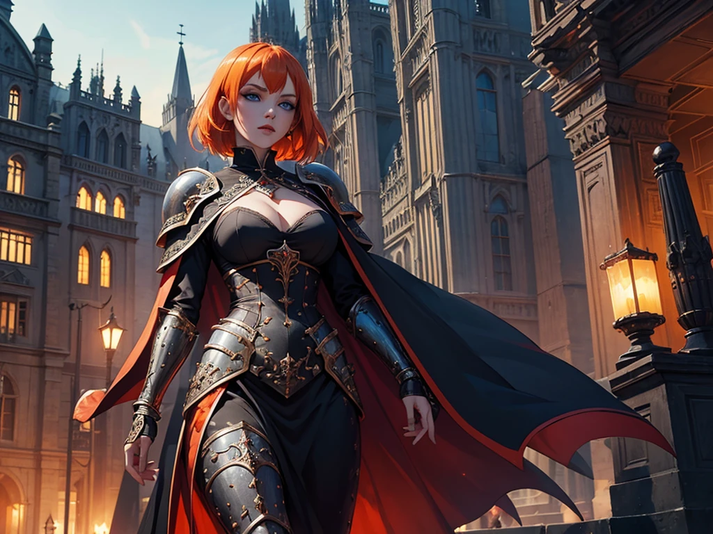 A beautiful and wonderful vampire woman, extremely detailed, short orange hair, wearing extremely detailed gothic armor, blue eyes in medieval public square, palace, crepúsculo, 8k, linda, sacerdotisa, crepúsculo, entardecer, vampira, gothic armor.