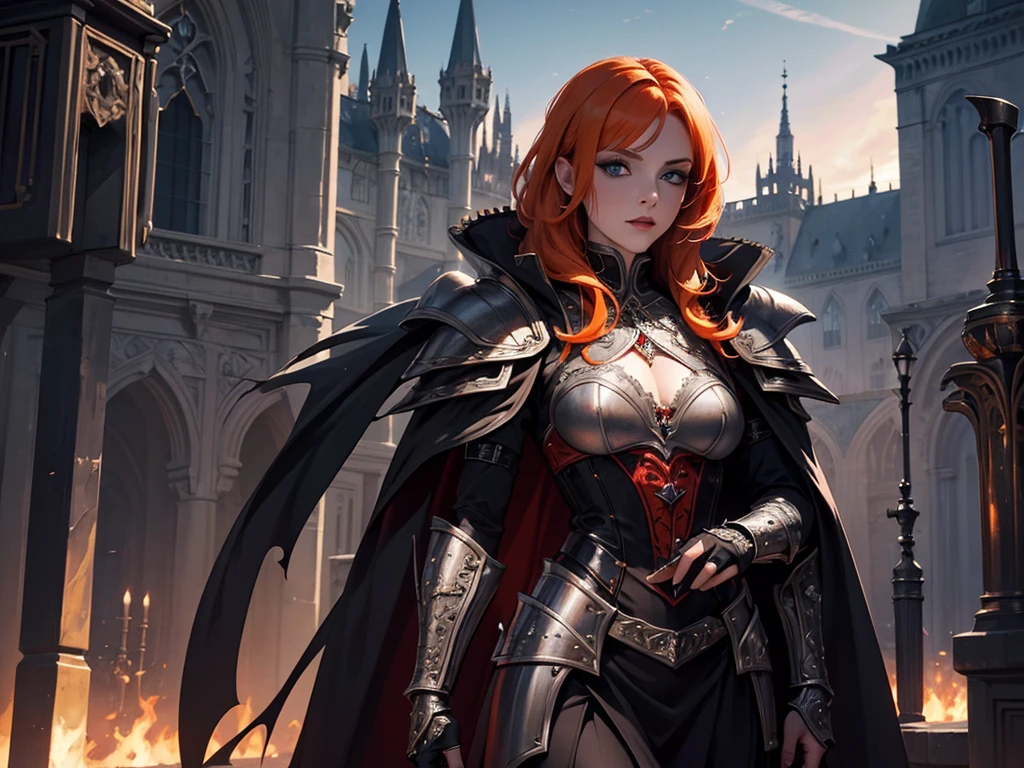 A beautiful and wonderful vampire woman, extremely detailed, short orange hair, wearing extremely detailed gothic armor, blue eyes in medieval public square, palace, crepúsculo, 8k, linda, sacerdotisa, crepúsculo, entardecer, vampira, gothic armor.