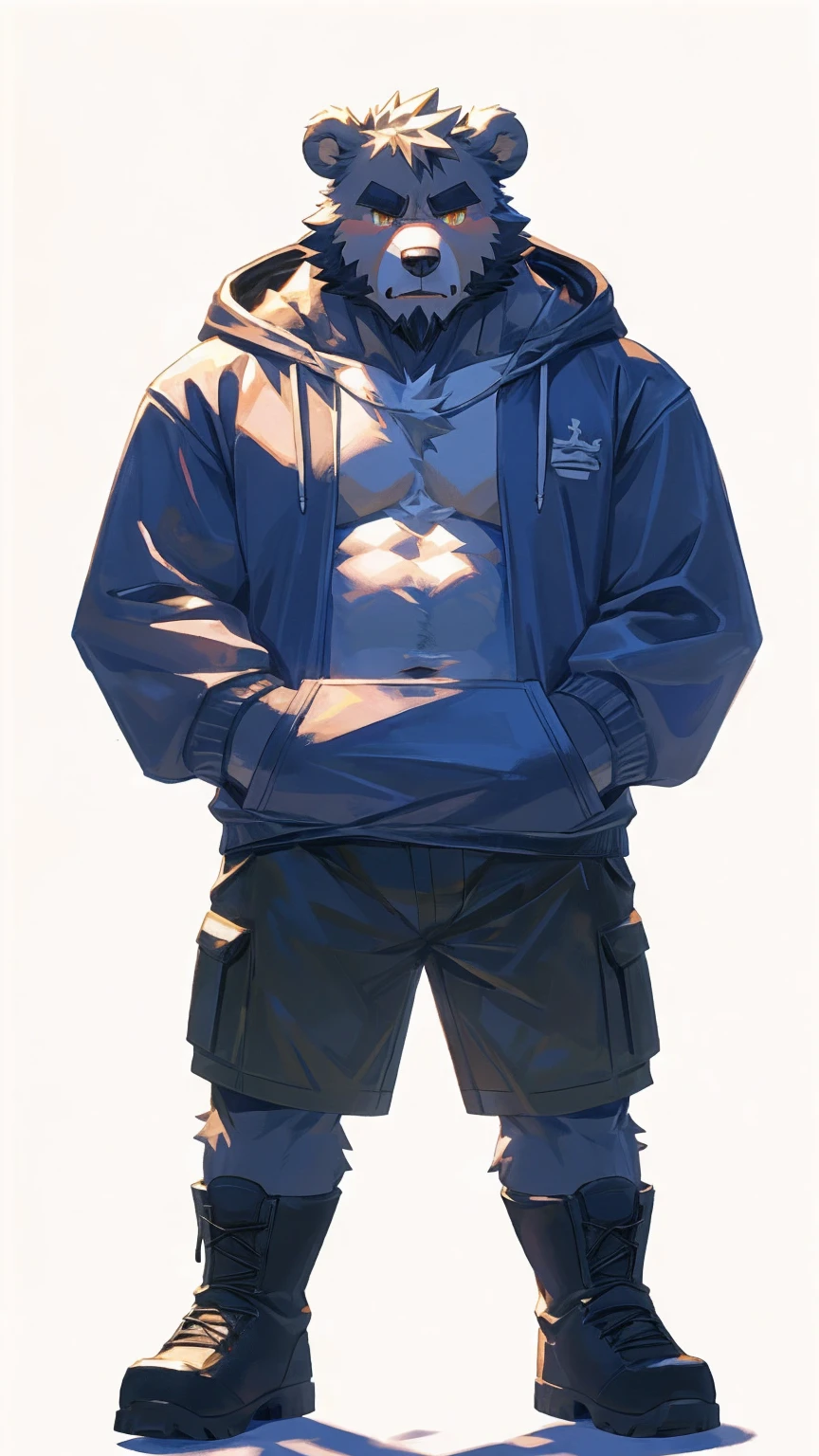 (masterpiece:1.2), best quality,pixiv,official art,perfect anatomy, (Ray tracing, light),solo, (1_male:1.3) , (muscle), (gray fur:1.4), (muscle bear), (beard:1.2), (gleaming golden eyes), Thick black eyebrows, (open hoodie:1.3), (naked inside:1.2), cargo shorts, boots, standing alone, unhappy , (pure white background :1.3) , front view