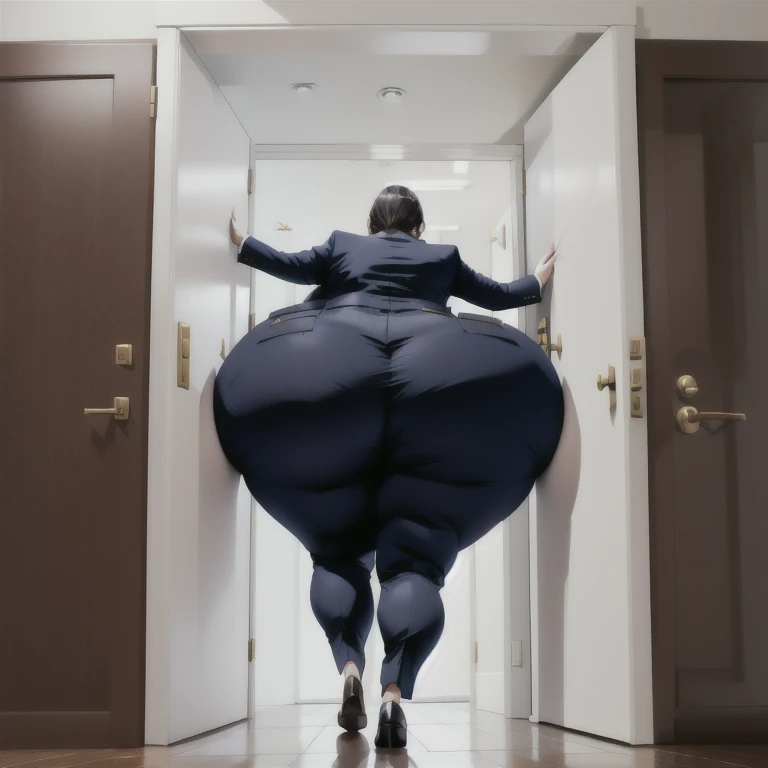 masterpiece, 1girl behind a doorway, from front, (doorstuck, stuckfront:1.3), huge hips, round belly, thick thighs, colorful clothing, wearing suit and tie and formal pants, upset, desperately trying to wiggle through, she kicks her legs franticly, she is stuck tight view from behind
