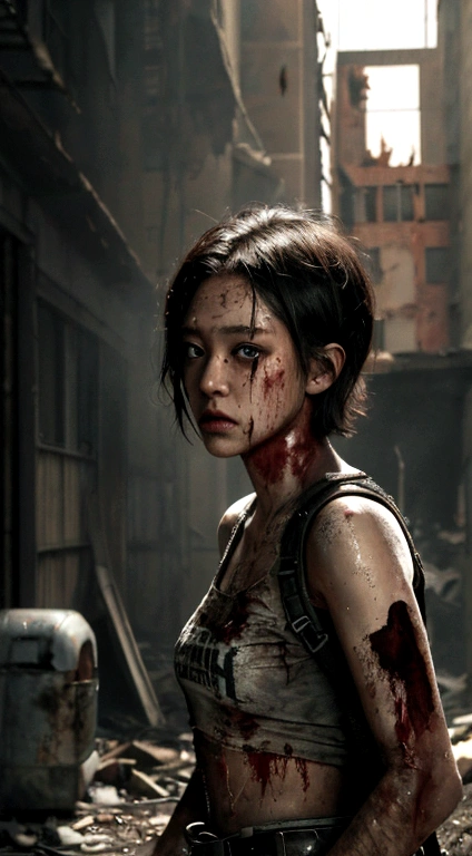 A breathtakingly beautiful girl, Radiant and charming eyes, Cold and intense, Short hair, Sweaty body, Post-apocalyptic punk shirt, Short shorts, boot, Ultra photo realsisim, Realistic, best quality real texture skin, movie atmosphere, Tattered clothes, (Post-apocalyptic punk, Post-apocalyptic fiction), A post-apocalyptic world where buildings collapse, (blood stain), The art of Rei Kurahashi, Haunting and solemn, A beam of light shines through, Illuminate the gloomy environment, (Best quality, Masterpiece, Depth of field, Full-HD, 4K, Richness of detail), Portrait style,Upper body