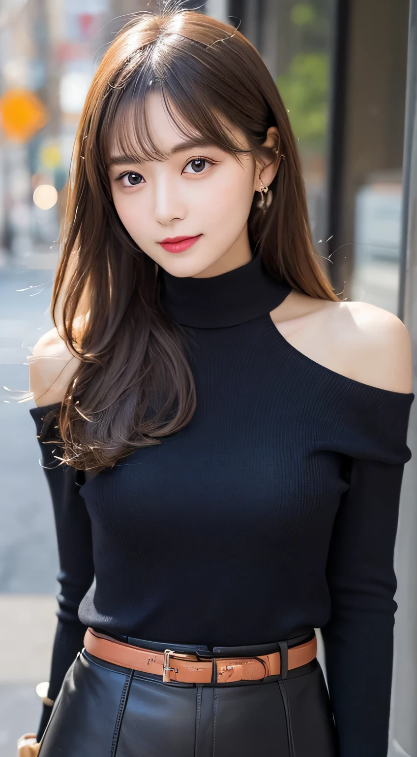 Tabletop, Highest quality, shape, Very detailed, finely, High resolution, 8k wallpaper, Perfect dynamic shape, Beautiful and detailed,Long Hair,Natural color lip, Bold sexy pose,smile、20-year-old girl、cute、sexy shot looking at camera,Beautifully detailed face,Beautiful double eyelids,Small face,Perfect and beautiful face,very cute face,Blur the background,Slim face and body、Off-the-shoulder sweater、leather skirt、bag、belt、choker、Apparel Shop、close up、cheek、Natural Makeup