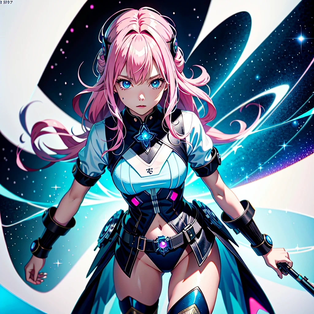 One girl、[17277fbe68],He threatened Hideo.、high quality、Maximum details、(((最high quality、masterpiece、Official Art、Best dynamic composition)))、(Thin Hair)、(Tabletop, 最high quality), Very detailed, Anime Style, whole body, Cyberpunk Girl, Gripping a high-tech rifle, Milky white and pink hair, Sparkling blue eyes, Wearing a magical girl costume , 8K high resolution, Trend Art Station, White Background, Standing in the Wilderness, whole body,
