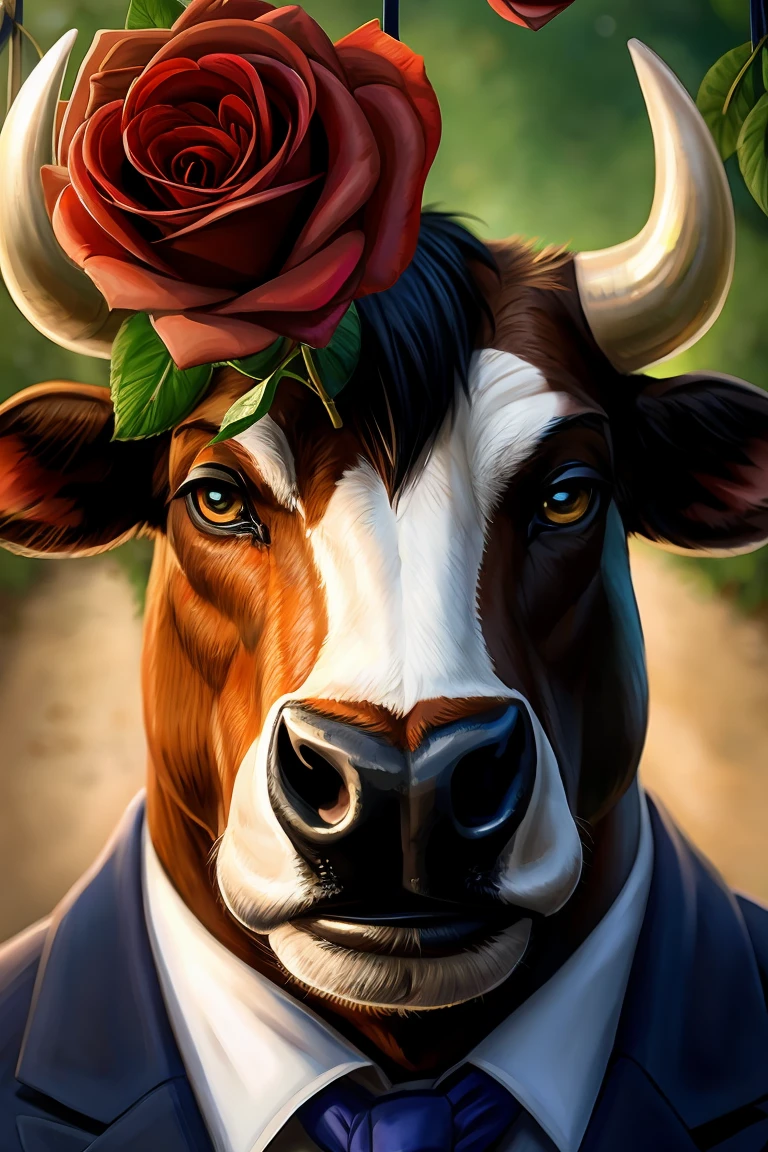 Cow portrait close up, anthropomorphic bull, gentleman，Horns, Roses hanging from the mouth，