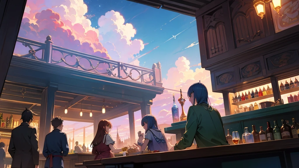 Anime Style,Nostalgic,Detailed background,Magical World,A lively bar with lots of people,Beautiful sky,Bard's Smiling Beauty,guitar,Large Breasts,Healthy thighs