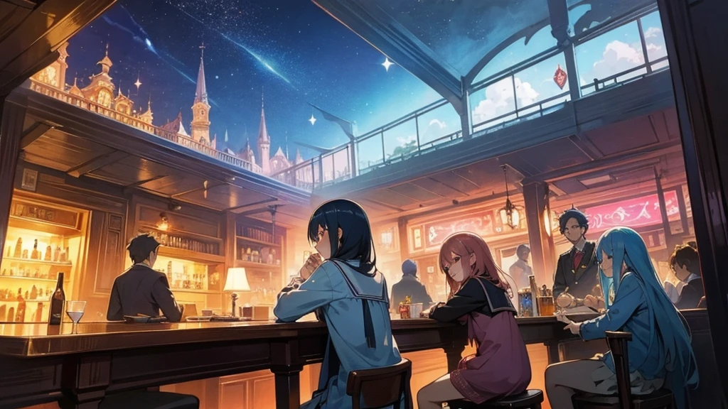 Anime Style,Nostalgic,Detailed background,Magical World,A lively bar with lots of people,Beautiful sky,Bard's Smiling Beauty,guitar,Large Breasts,Healthy thighs
