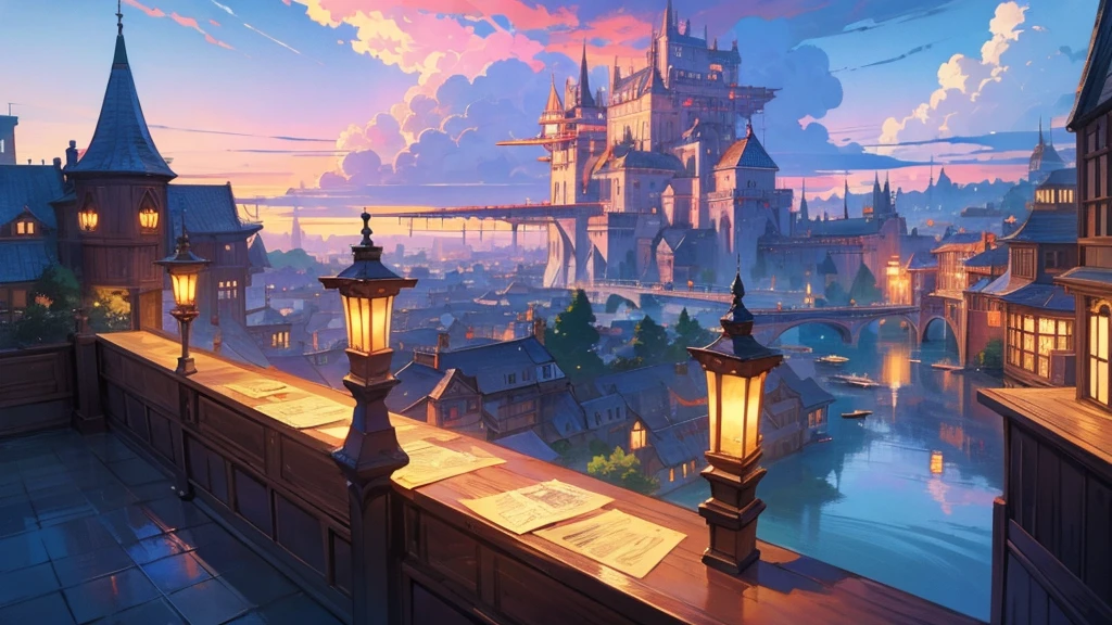 Anime Style,Nostalgic,Detailed background,Magical World,A lively bar with lots of people,Beautiful sky,Bard's Smiling Beauty,guitar,Large Breasts,Healthy thighs