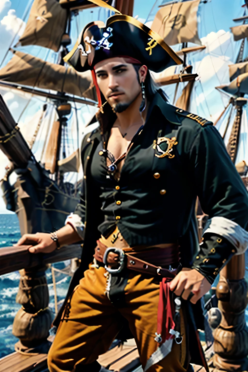 The sea in the background, Pirate ship deck, Pirate flag hoisted on the mast, Jolly Rogers Flag, cflucas is a pirate, Sexy Pirate, (shirt), pants, boots, belt, Earrings, knife, cflucashunk, Facial hair, ((Wide-angle))