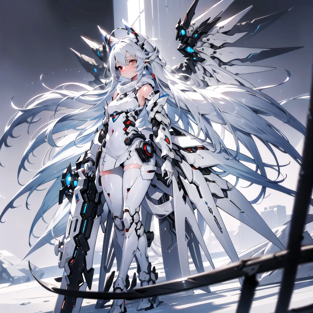 masterpiece, highest quality, highest resolution, clear_image, detailed details, White hair, long hair, cat ears, 1 girl, red eyes, white pantyhose, sci-fi dress, white scarf (white scarf around the neck with a light blue glow), gray futuristic halo (gray halo over the head), white wings (4 wings), cute, full body, no water marks, snow, normal ears