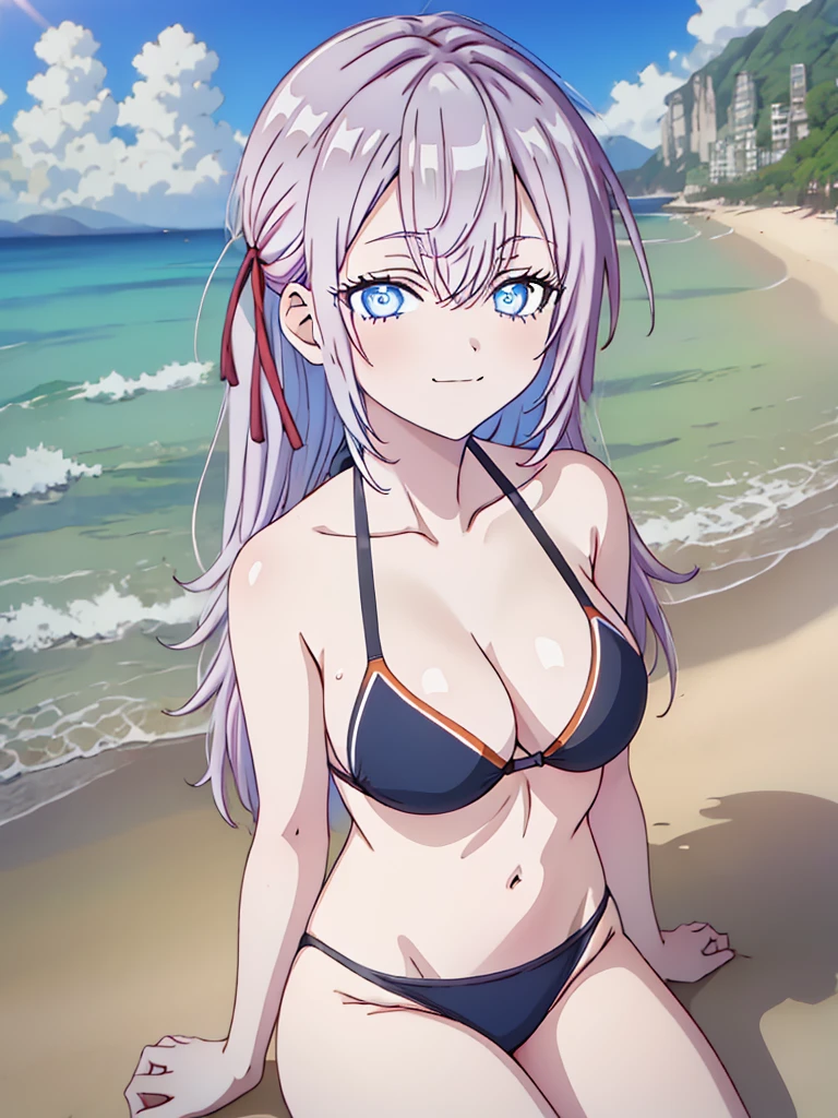 1girl, alya, white hair, long hair, hair ribbon, blue eyes, bikini,, in all four, smug face, beach, anime style, 2D