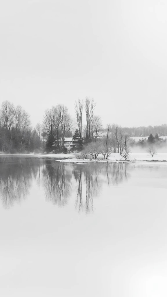 Aerial view of the lake,Trees and benches in the foreground, White isolate, Gentle reflections, Colorless and Soundless, Soft colors monochrome, White isolates, Cold fog, Winter lake scenery, Frozen Lake, inspired by Arthur Burdett Frost, Soft Mist, Reflective images, peaceful, Grayscale photography, Soft water reflections