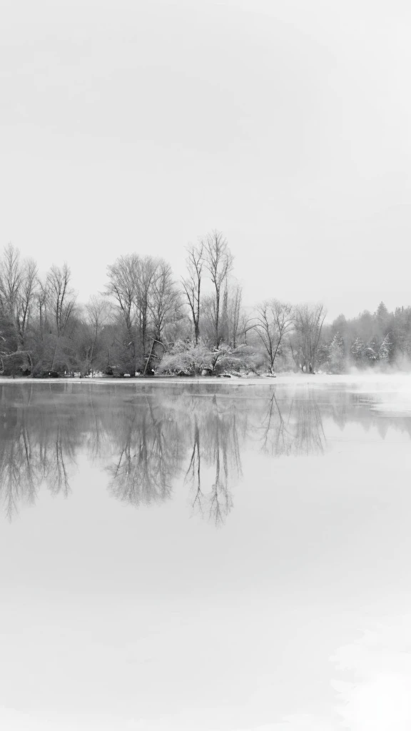 Aerial view of the lake，Trees and benches in the foreground, White isolate, Gentle reflections, Colorless and Soundless, Soft colors monochrome, White isolates, Cold fog, Winter lake scenery, Frozen Lake, inspired by Arthur Burdett Frost, Soft Mist, Reflective images, peaceful, Grayscale photography, Soft water reflections