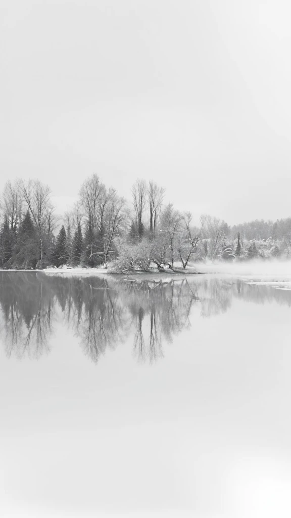 Aerial view of the lake，Trees and benches in the foreground, White isolate, Gentle reflections, Colorless and Soundless, Soft colors monochrome, White isolates, Cold fog, Winter lake scenery, Frozen Lake, inspired by Arthur Burdett Frost, Soft Mist, Reflective images, peaceful, Grayscale photography, Soft water reflections